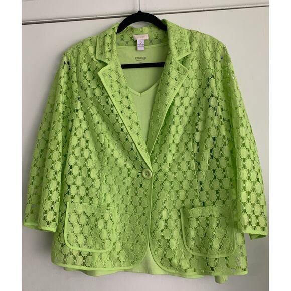 Chico's Jacket Lime Green Lace Cut Out Sheer Button Up 3/4 Sleeves Size 2 US 12 - Picture 1 of 15
